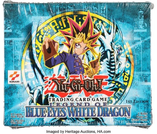The top of the 1st Edition booster box of Legend of Blue Eyes White Dragon, from the Yu-Gi-Oh! card game. Currently available for auction at Heritage Auctions.