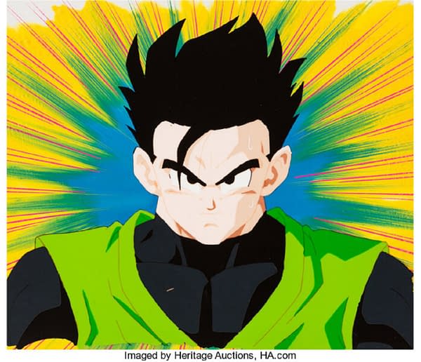 A production cel from Dragonball Z depicting the moment before Gohan becomes Super Saiyan 2. This production cel is currently available for auction at Heritage Auctions.