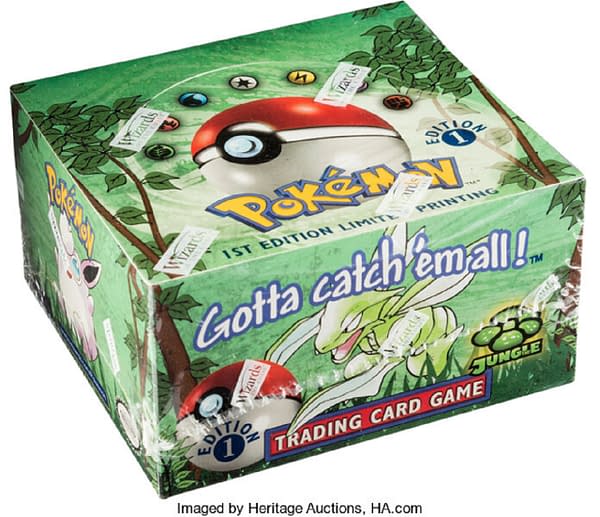 A bird's-eye view of the sealed, first-edition booster box from the Pokémon TCG's Jungle expansion, being auctioned off at Heritage Auctions, featuring Scyther on the front of the box.