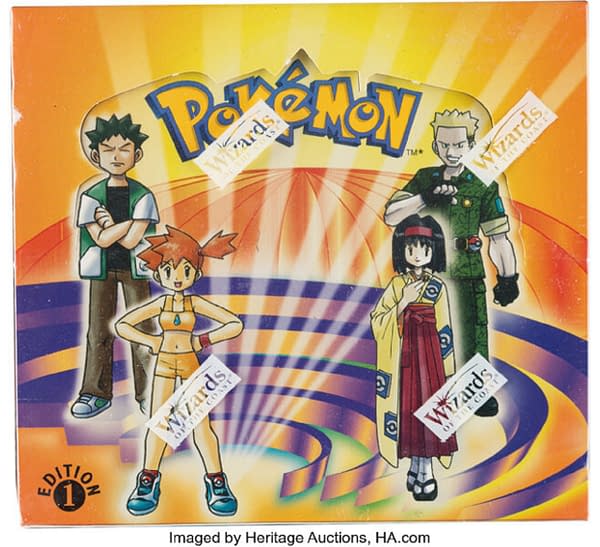 An image of the top lid of the 1st Edition, sealed Gym Heroes booster box from the Pokémon TCG that's currently up for auction at Heritage Auctions.