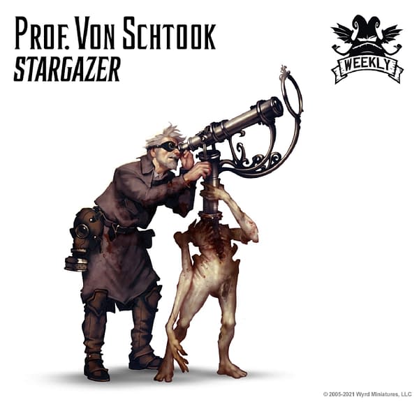 The art for Prof. Von Schtook, Stargazer, an alternate title for Von Schtook, a Resurrectionists Master for Malifaux's third edition, by Wyrd Games.