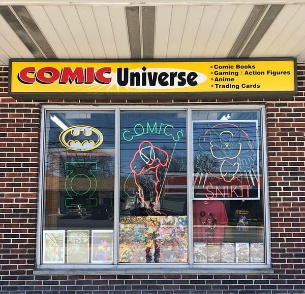 In front of the Comic Universe comic book store