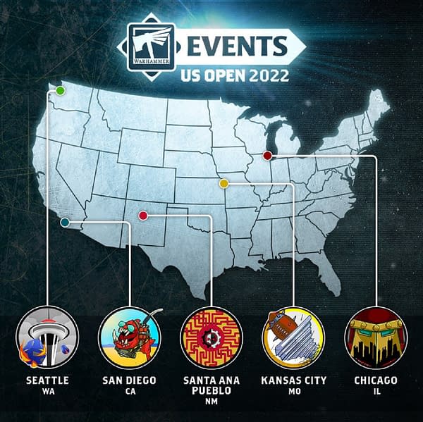 A map of the US Open events run by Games Workshop for their various wargames, including Age of Sigmar. Image credit: Warhammer Community