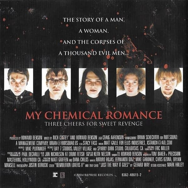 The back cover for Three Cheers For Sweet Revenge, an album by My Chemical Romance that's celebrating sixteen years since its release.