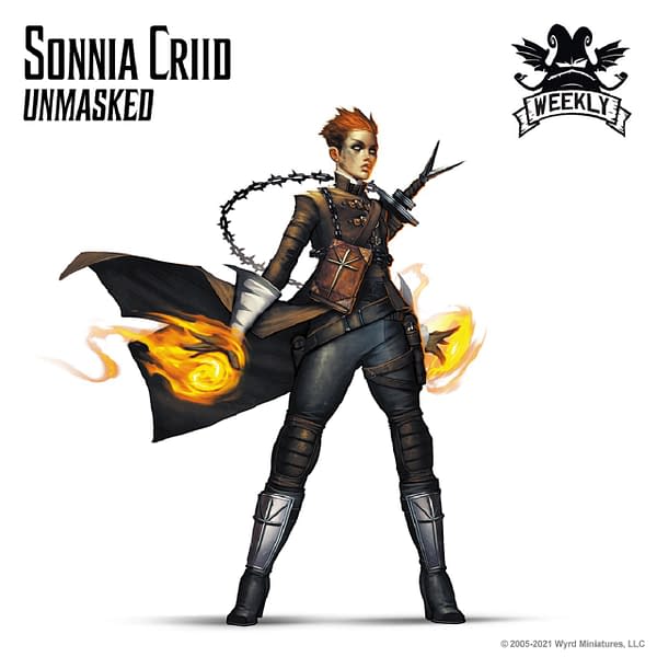 The art for Wyrd Miniatures' model of Sonnia Criid in her "Unmasked" variant for the third edition of Malifaux, complete with an all-new ruleset.