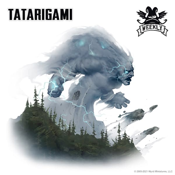 The art for the Tatarigami, a Titan from The Other Side, one of Wyrd Games' wargames.
