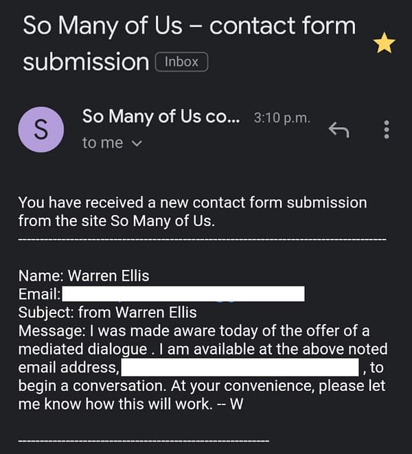 Warren Ellis Issues Statement Accepting So Many Of Us Website's Offer