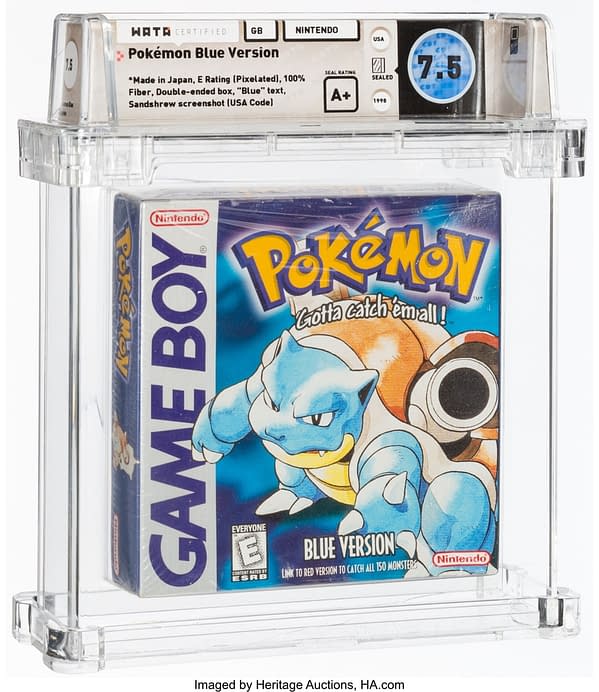 The front of the box for the sealed copy of Pokémon Blue Version that's currently available at auction on Heritage Auctions' website.