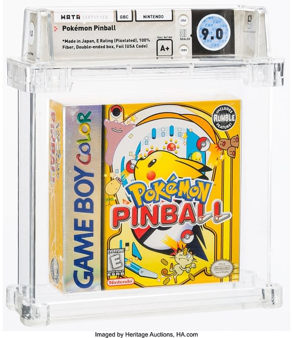 The front face of the graded copy of Pokémon Pinball for the Nintendo Game Boy Color handheld system. Currently available at auction on Heritage Auctions' website.