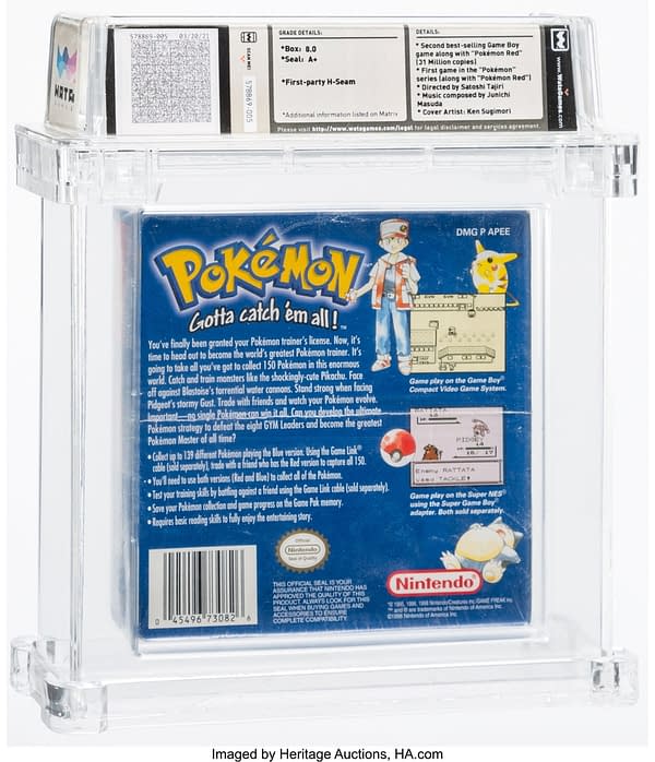 The back face of the graded copy of Pokémon Blue Version for the Nintendo Game Boy handheld device. Currently available at auction on Heritage Auctions' website.