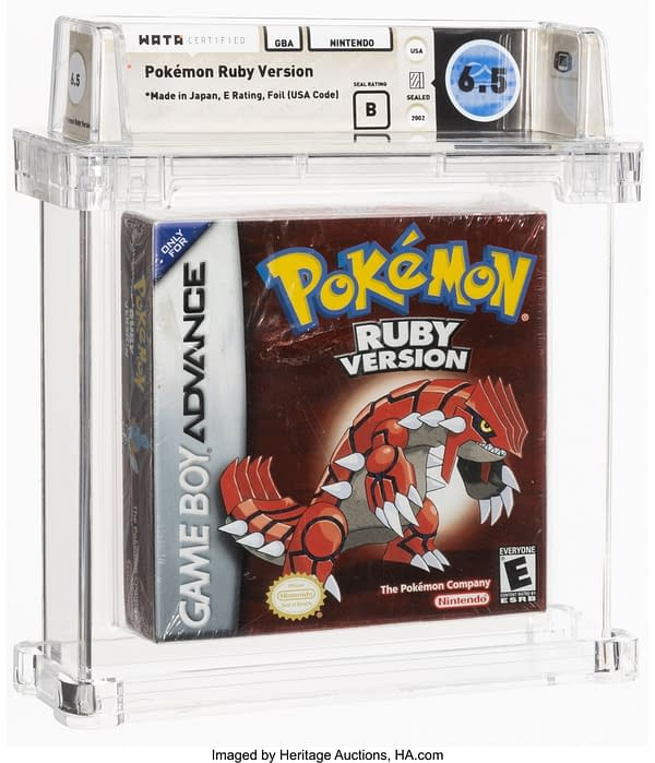 The faceplate of the graded, sealed copy of Pokémon Ruby Version for the Nintendo Game Boy Advance handheld device.  Currently available for auction on the Heritage Auctions website.