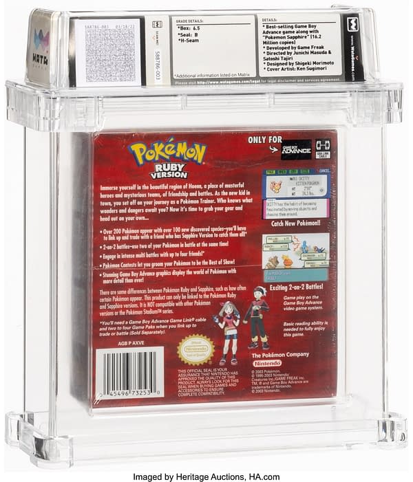 The back side of the sealed, graded copy of Pokémon Ruby Version for the Nintendo Game Boy Advance handheld device.  Currently available for auction on the Heritage Auctions website.