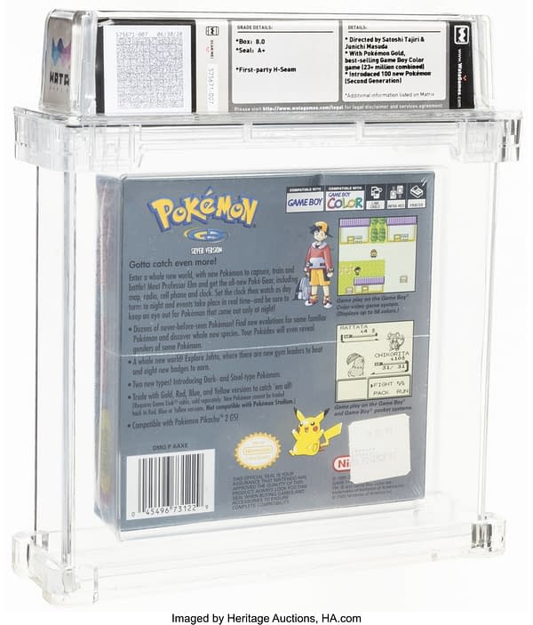 The back face of the sealed box for this high-graded copy of Pokémon Silver Version for the Game Boy Color. Currently available at auction on Heritage Auctions' website.