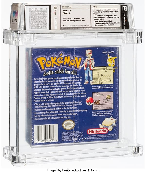 The back of the box for the sealed copy of Pokémon Blue Version that's currently available at auction on Heritage Auctions' website.