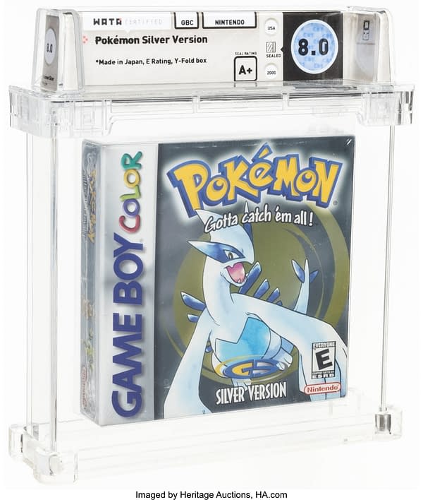 The front of the sealed box for this high-graded copy of Pokémon Silver Version for the Game Boy Color. Currently available at auction on Heritage Auctions' website.