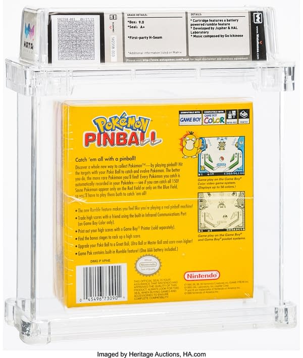 The back face of the graded copy of Pokémon Pinball for the Nintendo Game Boy Color handheld system. Currently available at auction on Heritage Auctions' website.