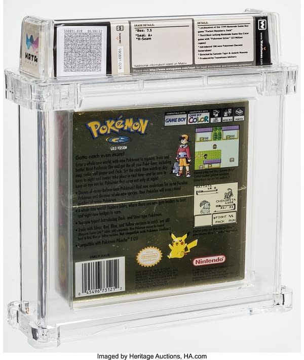The back of the sealed box for Pokémon Gold Version, a game for the Nintendo Game Boy Color. Currently available at auction on Heritage Auctions' website.