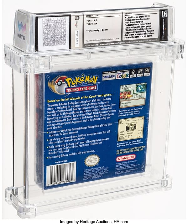 The back of the box for the Pokémon Trading Card Game, a video game for Nintendo's Game Boy Color handheld gaming system. Currently available at auction on Heritage Auctions' website.
