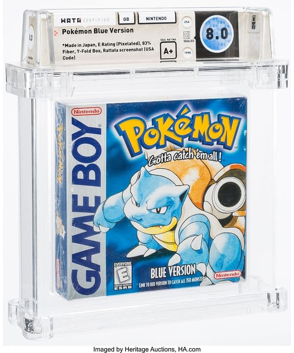 The front face of the graded copy of Pokémon Blue Version for the Nintendo Game Boy handheld device. Currently available at auction on Heritage Auctions' website.