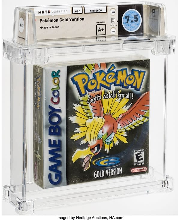 The front of the sealed box for Pokémon Gold Version, a game for the Nintendo Game Boy Color. Currently available at auction on Heritage Auctions' website.