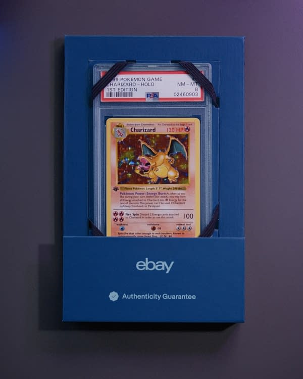 A prime example of the packaging for trading cards under auction website eBay's Authenticity Guarantee (featuring a 1st Edition Base Set Charizard from the Pokémon TCG).