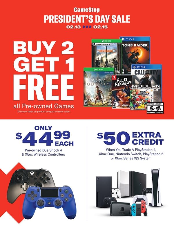 The first page worth of details for GameStop's annual President's Day sale, being held from February 13th-15th.