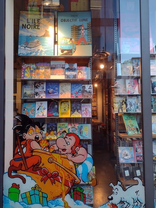 The illustrated windows of Gosh Comics, London, January 2022