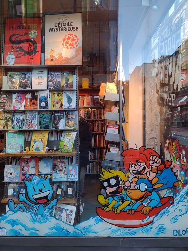 The illustrated windows of Gosh Comics, London, January 2022