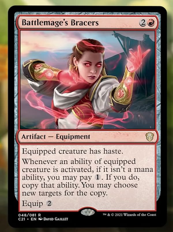 Battlemage's Bracers, a card from the Lorehold Legacies preconstructed Magic: The Gathering deck from Commander 2021. Image taken from The Command Zone.