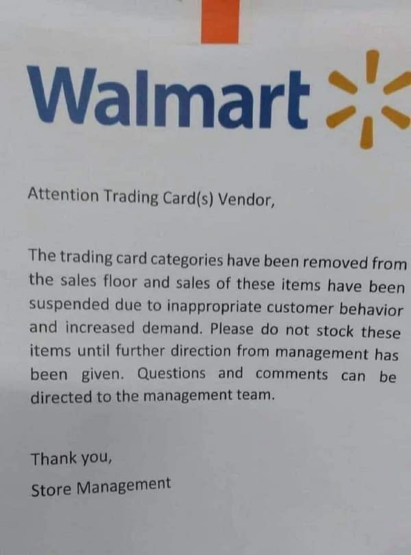 A sign put up in a Wal-Mart stating that vendors are barred from stocking trading cards for the time being. Source: Clay Pruitt on Facebook