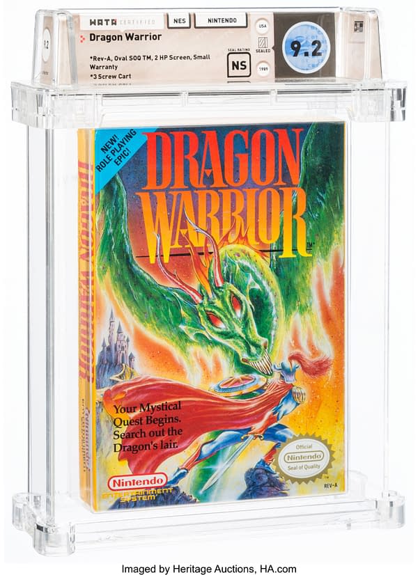 The front face of the graded copy of Dragon Warrior, a game for the NES. Currently available at auction on Heritage Auctions' website.