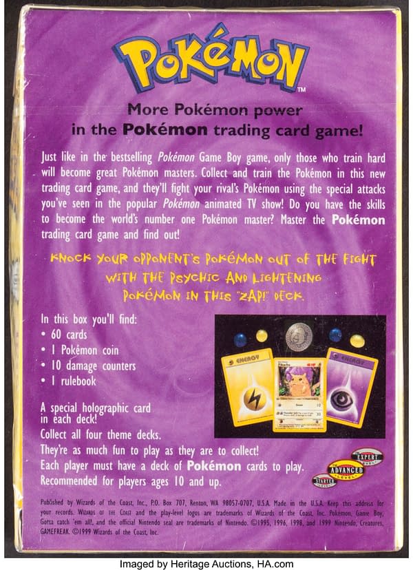 The back face of the box for the Zap! theme deck from the Pokémon TCG. Currently available at auction on Heritage Auctions' website.