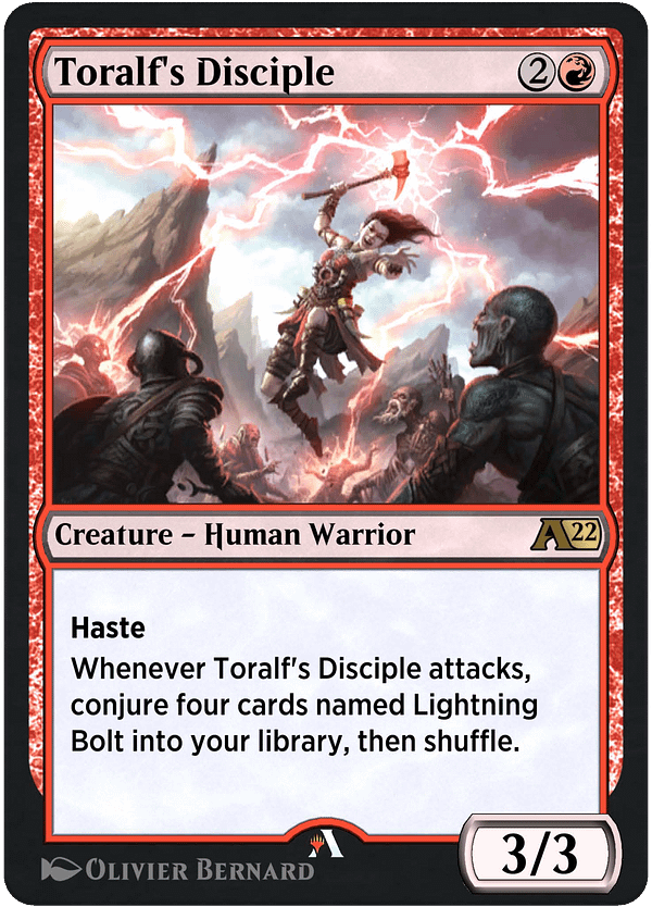 Toralf's Disciple, a new card for Magic: The Gathering's new Alchemy format.