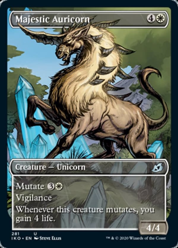 The Showcase variant for Majestic Auricorn, a new card from Ikoria: Lair of Behemoths for Magic: The Gathering.