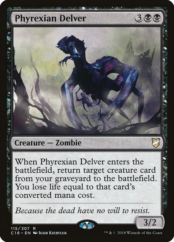 Phyrexian Delver, a card originally from the Invasion set for Magic: the Gathering (shown here in its Commander 2018 version).