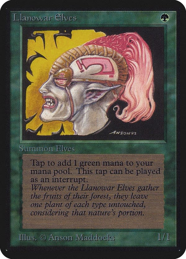 Llanowar Elves, a classic card, and mainstay of many green decks. Seen here in its Alpha incarnation for Magic: The Gathering.
