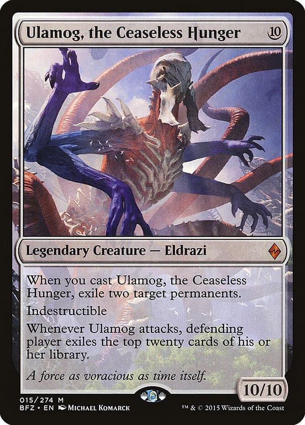 Ulamog, the Ceaseless Hunger, a legendary creature from Magic: The Gathering's Battle For Zendikar set and the commander of this deck.