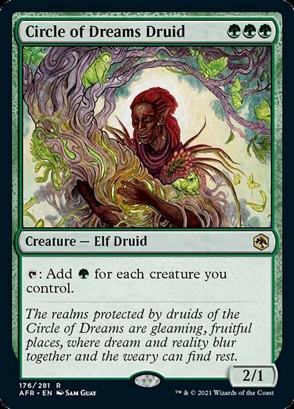 Circle of Dreams Druid, a new creature card from Adventures in the Forgotten Realms, the next expansion set for Magic: The Gathering.