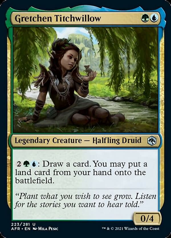 Gretchen Titchwillow, a new legendary creature card from Adventures in the Forgotten Realms, a new upcoming set for Magic: The Gathering.