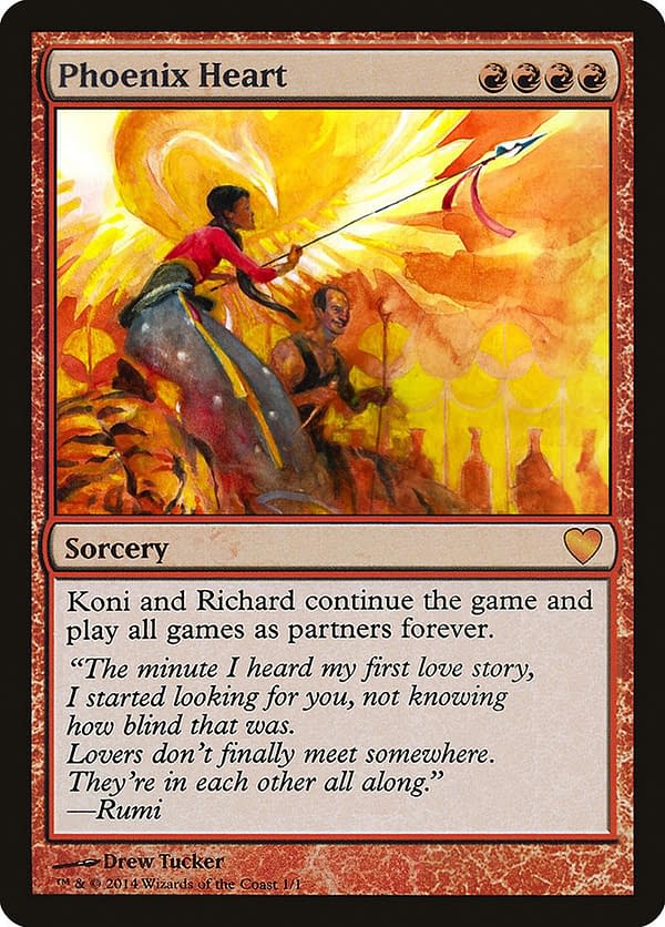Phoenix Heart, a Magic: The Gathering card celebrating Dr. Garfield's marriage to his second wife, Koni Kim, in 2015. Image attributed to Wizards of the Coast.
