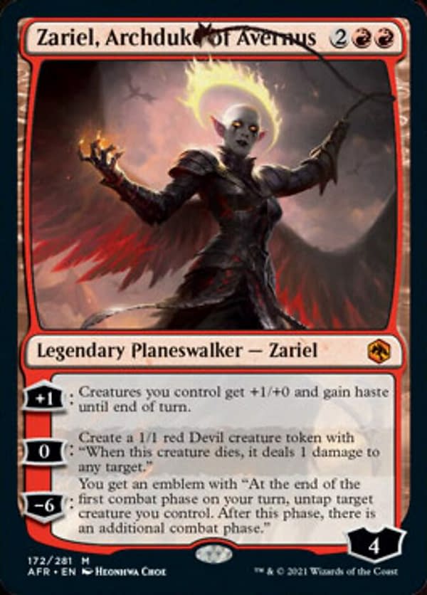 Zariel, Archduke of Avernus, a new planeswalker card from Adventures in the Forgotten Realms, the next upcoming expansion set for Magic: The Gathering.