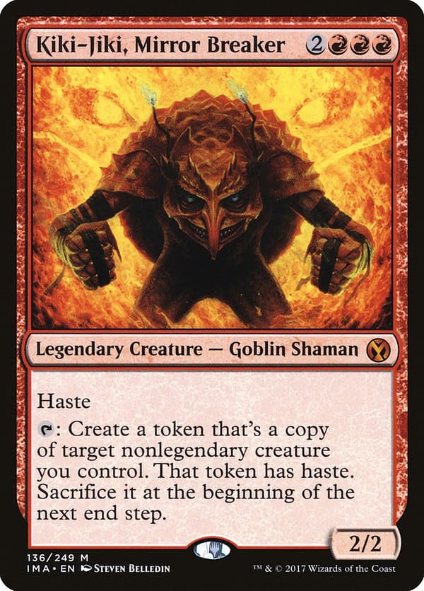 Kiki-Jiki, Mirror Breaker, a legendary creature card originally from Champions of Kamigawa, an expansion set from Magic: The Gathering (shown here in its Iconic Masters version).