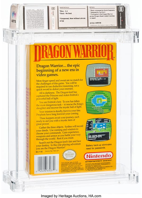 The back face of the graded copy of Dragon Warrior, a game for the NES. Currently available at auction on Heritage Auctions' website.