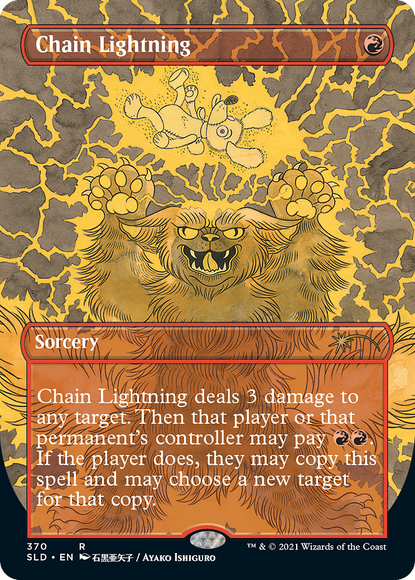 Chain Lightning, a card from Magic: The Gathering, reprinted in Secret Lair: Purrfection for Hasbro's PulseCon 2021 event.