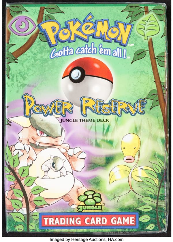 The front face of the sealed box for the Power Reserve theme deck from the Pokémon TCG's Jungle expansion set. Currently available at auction on Heritage Auctions' website.