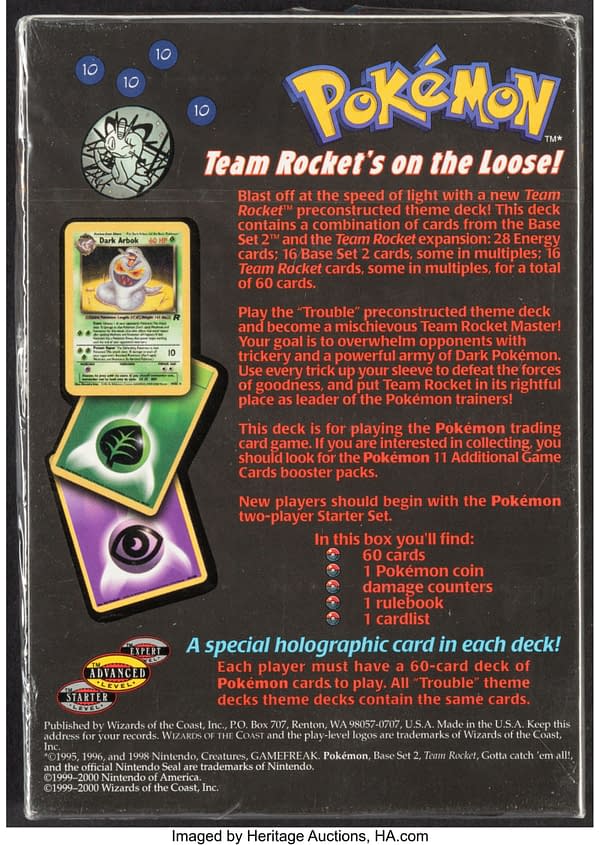 The back of the box for the Trouble theme deck from the Pokémon TCG's Rocket expansion. Currently available at auction on Heritage Auctions' website.
