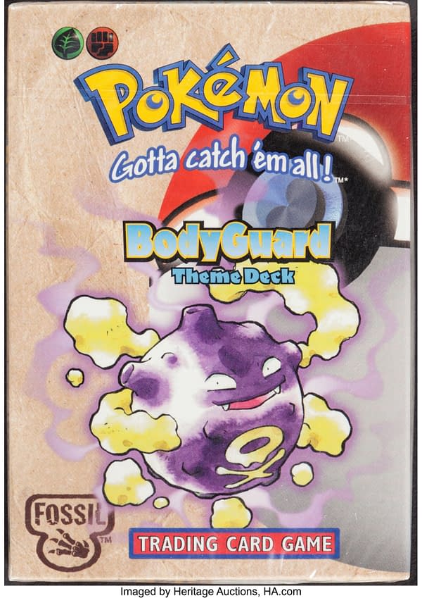 The front face of the sealed copy of the Bodyguard theme deck from Fossil, an early expansion set for the Pokémon TCG. Currently available at auction on Heritage Auctions' website.