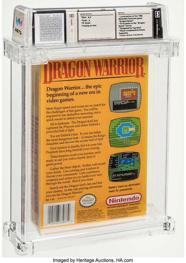 The back of the sealed box for Dragon Warrior, a game for the Nintendo Entertainment System. Currently available at auction on Heritage Auctions' website.