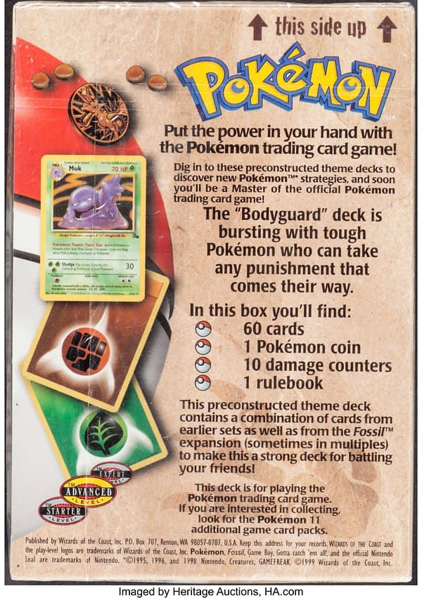 The back face of the sealed copy of the Bodyguard theme deck from Fossil, an early expansion set for the Pokémon TCG. Currently available at auction on Heritage Auctions' website.