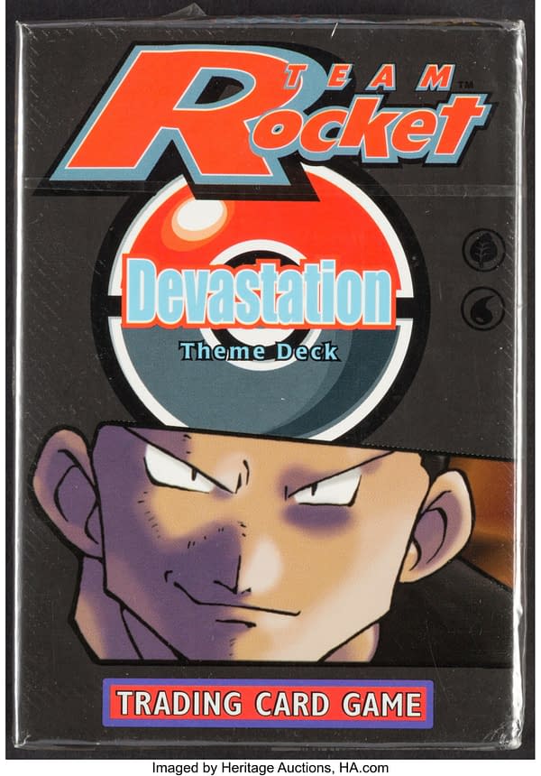 The front of the box for the Devastation theme deck from the Pokémon TCG's Rocket expansion. Currently available at auction on Heritage Auctions' website.